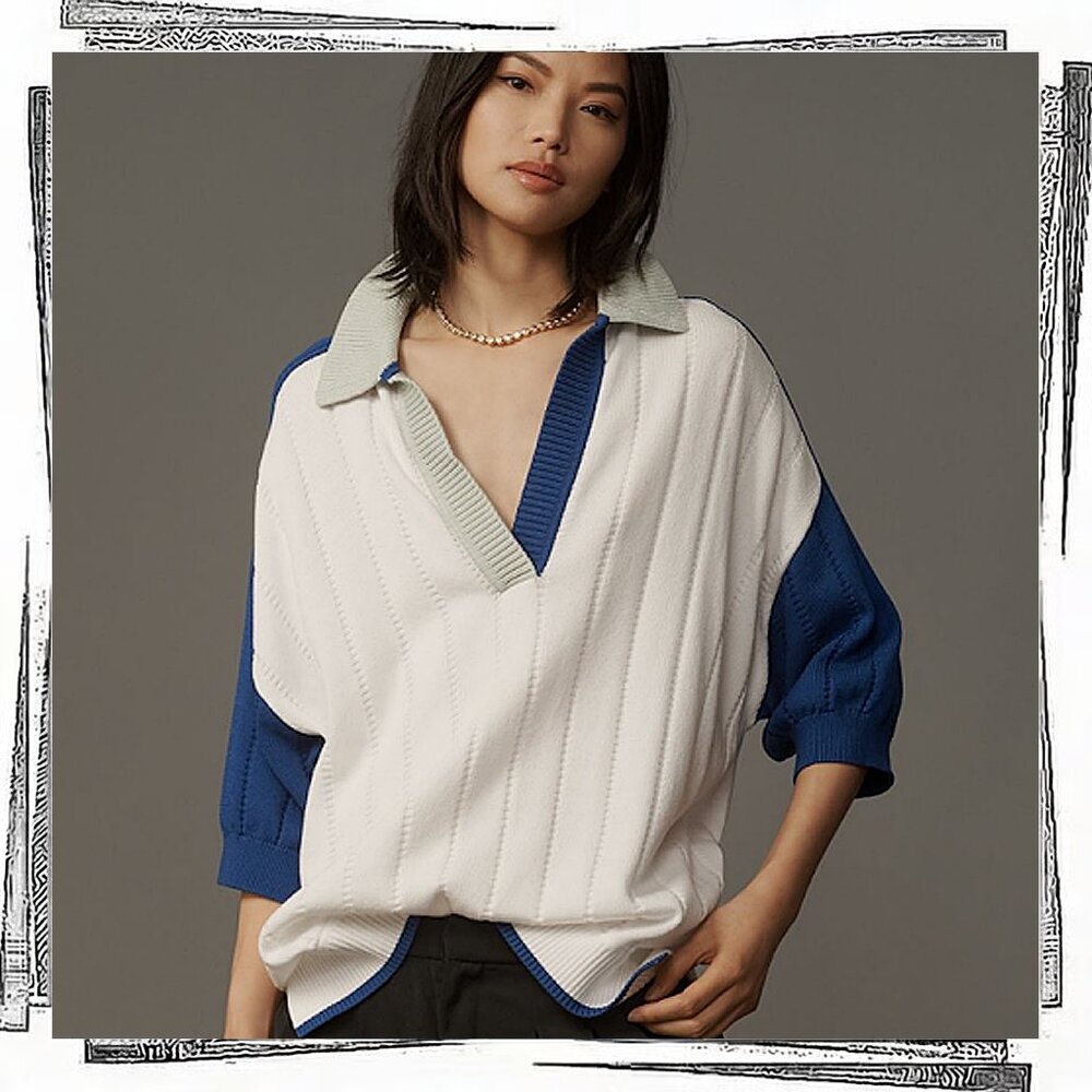 NWT: Blue & White Collared V-Neck Short Sleeve Rugby Sweater (XS) by Maeve